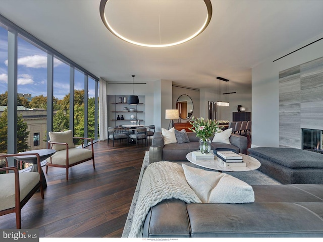 living room featuring a fireplace, expansive windows, and dark wood-type flooring