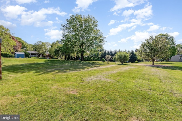 view of yard featuring a storage unit, an outdoor structure, and playground community