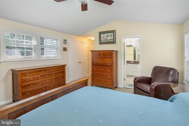 6018 Good Lion Ct, Alexandria, VA 22315 - bedroom with lofted ceiling, baseboards, ensuite bath, a ceiling fan, and a closet