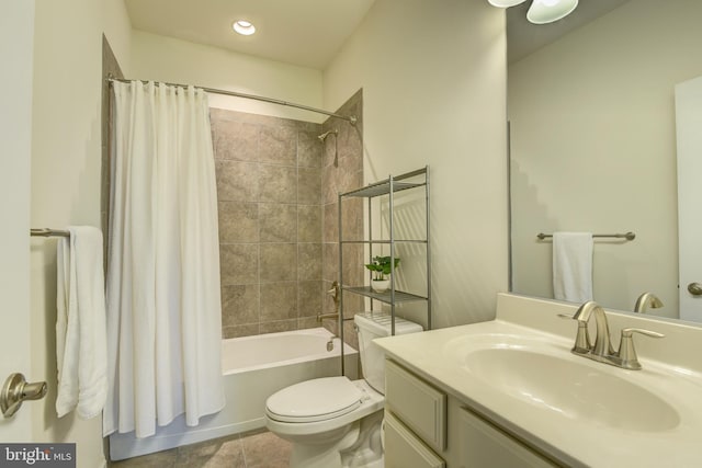 bathroom with toilet, shower / bath combo, vanity, tile patterned flooring, and recessed lighting