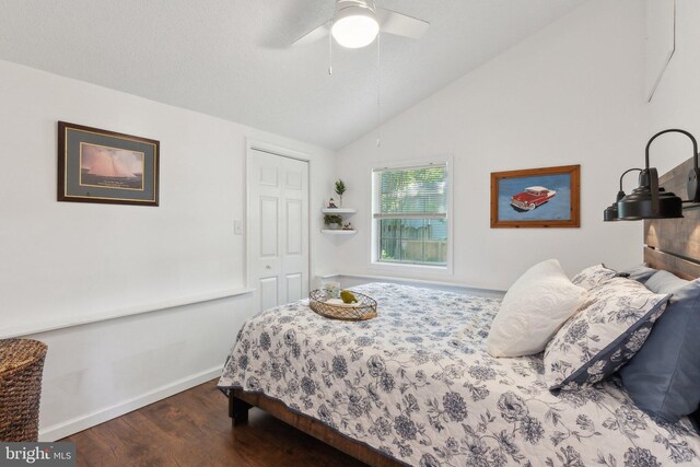 1215 Pine Ave, Shady Side, MD 20764 - bedroom featuring wood finished floors, lofted ceiling, baseboards, a closet, and ceiling fan