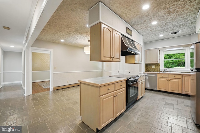 kitchen with black range with electric cooktop, light brown cabinets, stainless steel dishwasher, visible vents, and under cabinet range hood