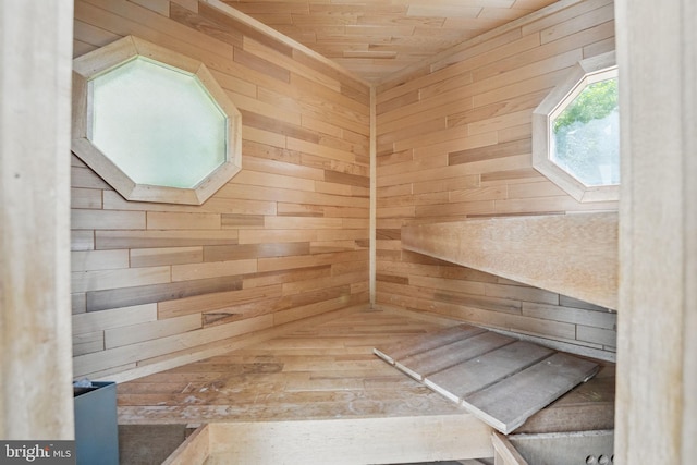 view of sauna / steam room featuring a skylight