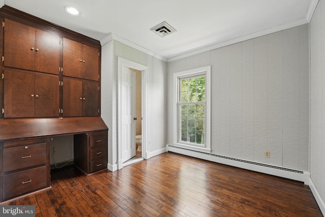 unfurnished office with a baseboard heating unit, baseboards, ornamental molding, visible vents, and dark wood-type flooring