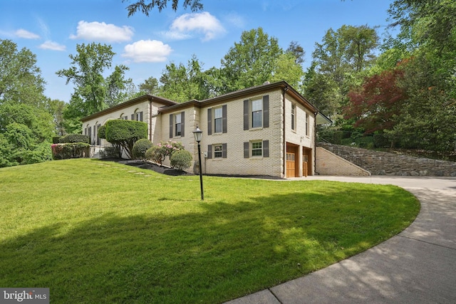 view of property exterior with concrete driveway, brick siding, an attached garage, and a lawn