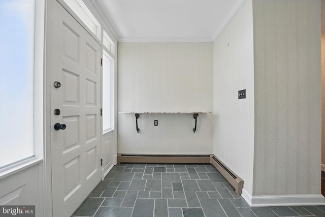 interior space with a baseboard radiator, ornamental molding, and baseboards