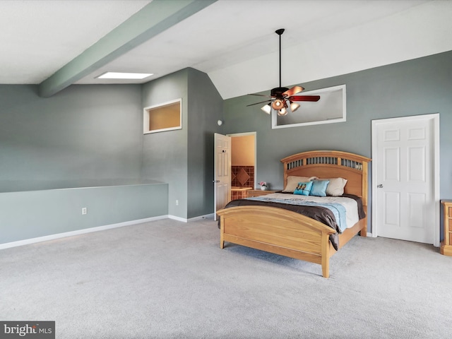 carpeted bedroom with baseboards, high vaulted ceiling, and a ceiling fan