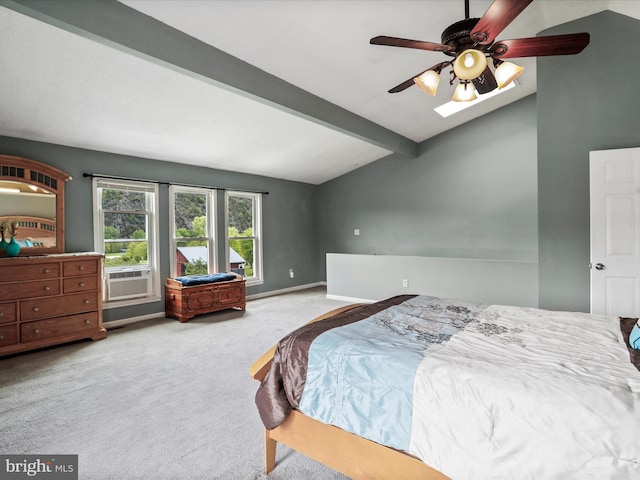 bedroom featuring carpet, baseboards, a ceiling fan, and cooling unit