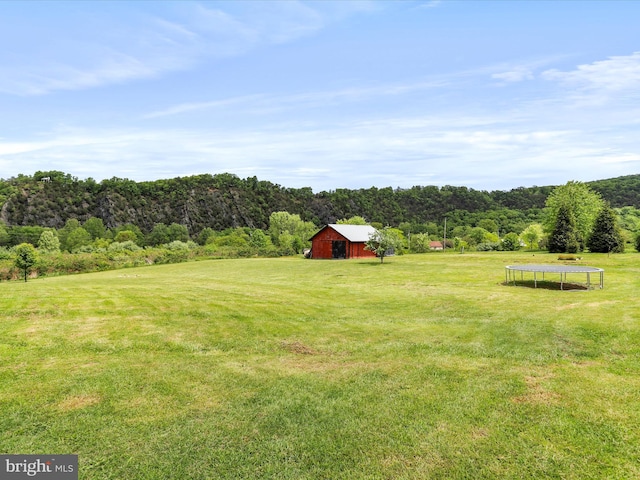 view of grassy yard featuring a trampoline, a wooded view, an outdoor structure, and a barn