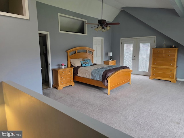 carpeted bedroom featuring access to exterior, vaulted ceiling, french doors, ceiling fan, and baseboards