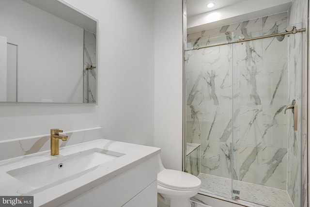 4902 D St SE, Washington, DC 20019 - bathroom with a marble finish shower, vanity, toilet, and recessed lighting