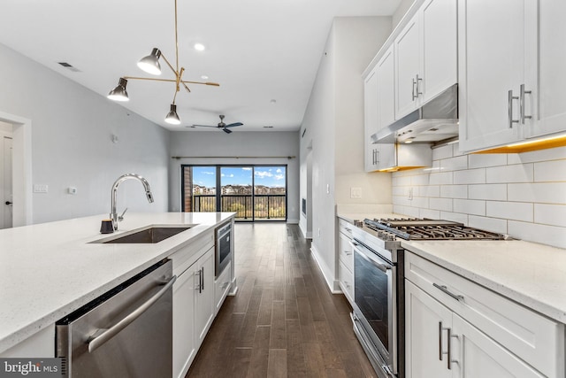 44691 Wellfleet Dr Unit 508, Ashburn, VA 20147 - kitchen with appliances with stainless steel finishes, a sink, under cabinet range hood, dark wood finished floors, and tasteful backsplash