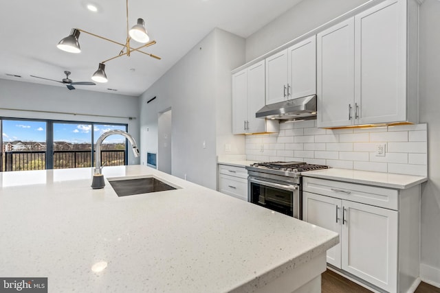 44691 Wellfleet Dr Unit 508, Ashburn, VA 20147 - kitchen featuring stainless steel range with gas cooktop, a sink, under cabinet range hood, tasteful backsplash, and a ceiling fan