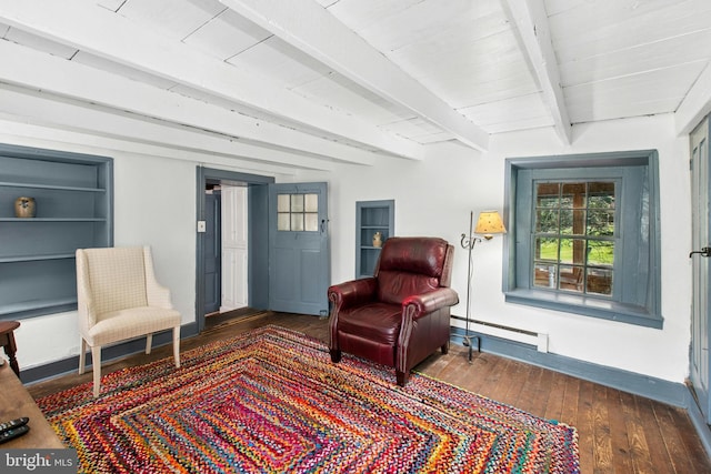 sitting room with beam ceiling, baseboards, baseboard heating, and hardwood / wood-style floors