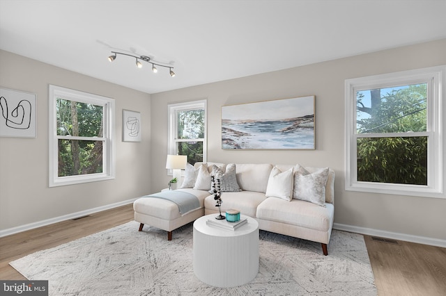 living room with healthy amount of natural light, wood finished floors, and baseboards