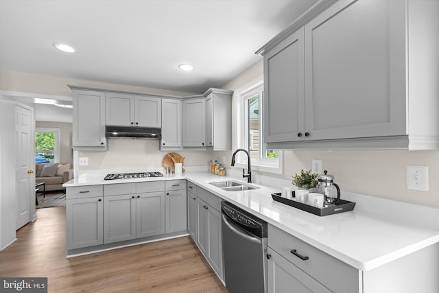 kitchen with appliances with stainless steel finishes, gray cabinets, a sink, under cabinet range hood, and plenty of natural light