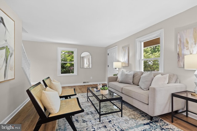 living area featuring plenty of natural light, wood finished floors, and baseboards