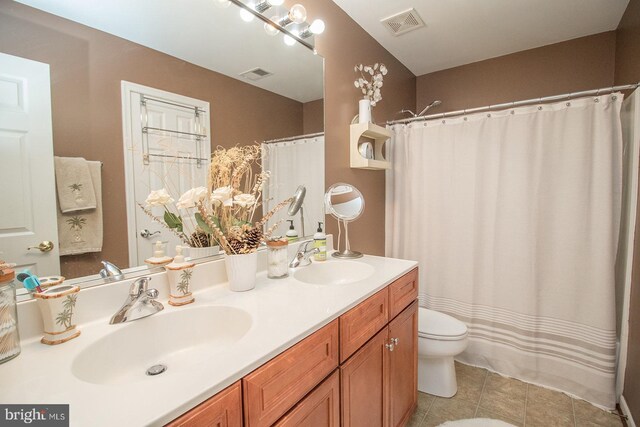 23371 Hosta Ln, California, MD 20619 - bathroom with toilet, tile patterned floors, double vanity, and curtained shower