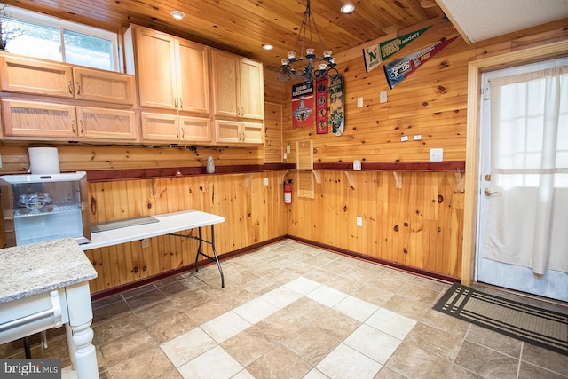 23371 Hosta Ln, California, MD 20619 - unfurnished dining area with a chandelier, wood walls, wooden ceiling, baseboards, and recessed lighting