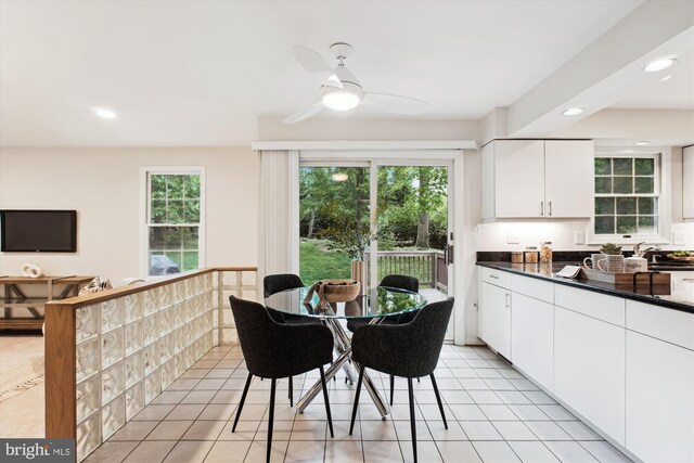 dining area featuring ceiling fan, recessed lighting, and light tile patterned floors
