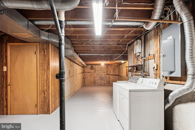 unfinished below grade area with washing machine and clothes dryer and electric panel