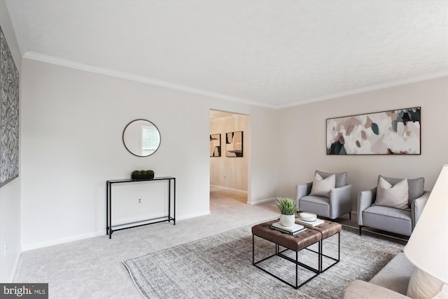 carpeted living area featuring crown molding and baseboards