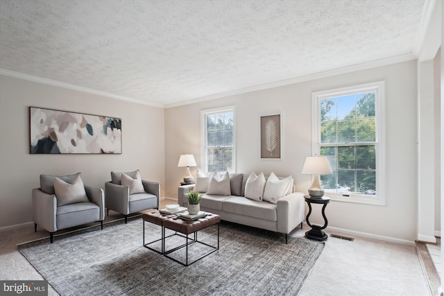 living room featuring a textured ceiling, carpet floors, baseboards, and ornamental molding