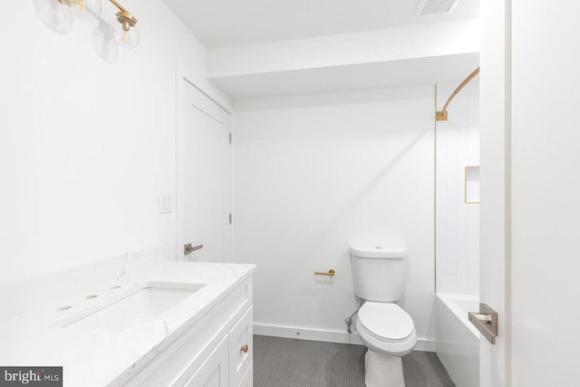 full bath with toilet, shower / washtub combination, vanity, visible vents, and tile patterned floors