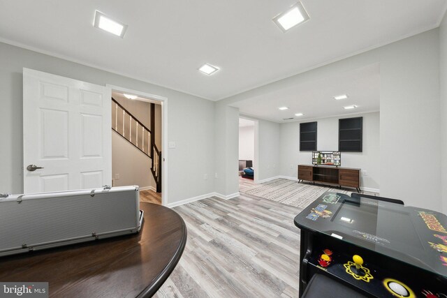 game room featuring wood finished floors, baseboards, and recessed lighting