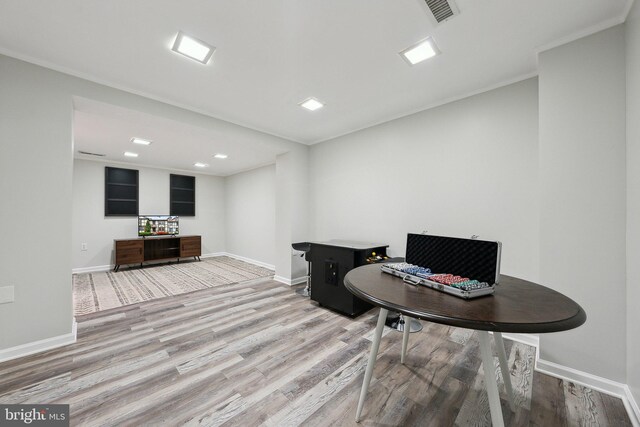 office area featuring wood finished floors, baseboards, and recessed lighting