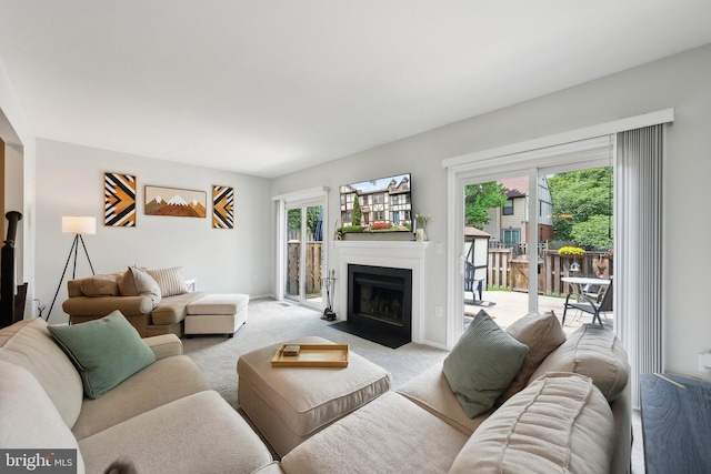 living area with light colored carpet, healthy amount of natural light, a fireplace with flush hearth, and baseboards