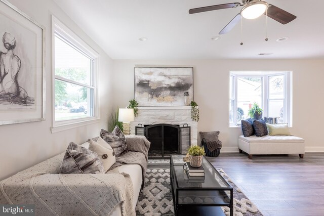 1020 Thomas Rd, Glen Burnie, MD 21060 - living room featuring healthy amount of natural light, wood finished floors, a fireplace, a ceiling fan, and recessed lighting