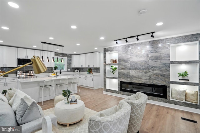 8224 Old Mill Rd, Pasadena, MD 21122 - living area featuring a premium fireplace, light wood-type flooring, and recessed lighting