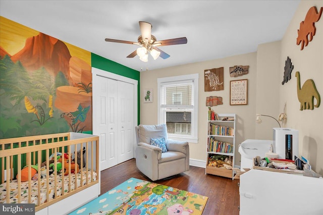 628 Mason Ave, Drexel Hill, PA 19026 - bedroom featuring a closet, wood finished floors, baseboards, and a ceiling fan