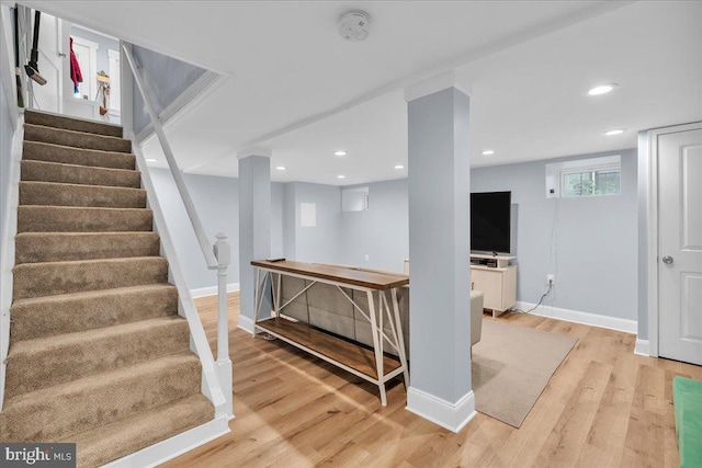 628 Mason Ave, Drexel Hill, PA 19026 - stairway featuring wood finished floors, baseboards, and recessed lighting