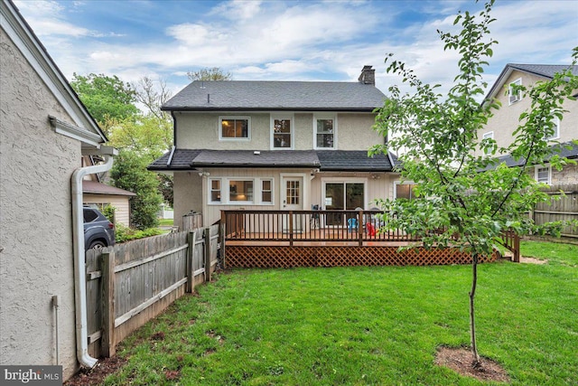 628 Mason Ave, Drexel Hill, PA 19026 - rear view of property with a deck, a chimney, a shingled roof, and stucco siding
