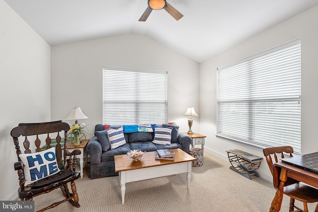 606 Garden Gate Dr, Middletown, DE 19709 - carpeted living room featuring ceiling fan, vaulted ceiling, and baseboards
