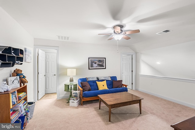 606 Garden Gate Dr, Middletown, DE 19709 - living room featuring carpet flooring, ceiling fan, vaulted ceiling, and baseboards