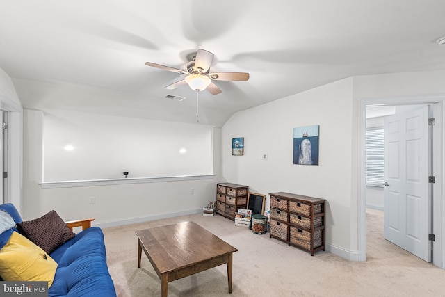 606 Garden Gate Dr, Middletown, DE 19709 - living area featuring a ceiling fan, light carpet, baseboards, and lofted ceiling