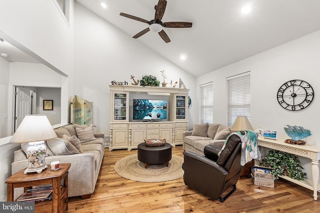 606 Garden Gate Dr, Middletown, DE 19709 - living area featuring ceiling fan, light wood-style flooring, recessed lighting, and high vaulted ceiling