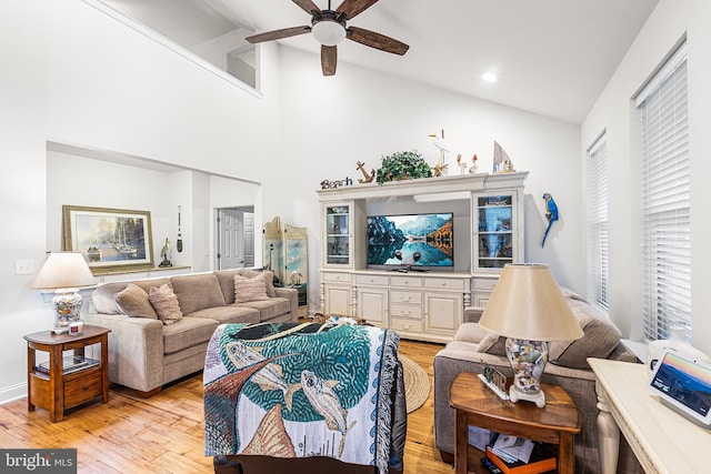 606 Garden Gate Dr, Middletown, DE 19709 - living area featuring a ceiling fan, light wood finished floors, beam ceiling, and high vaulted ceiling