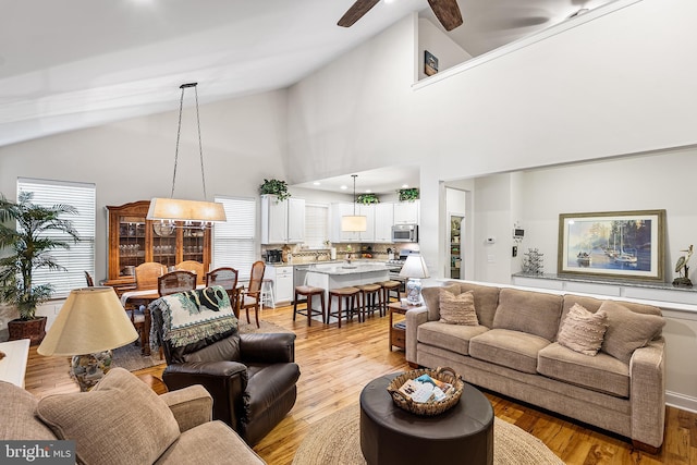 606 Garden Gate Dr, Middletown, DE 19709 - living area with a ceiling fan, light wood-style flooring, and high vaulted ceiling