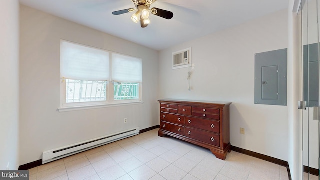 bedroom featuring electric panel, a baseboard heating unit, an AC wall unit, a ceiling fan, and baseboards