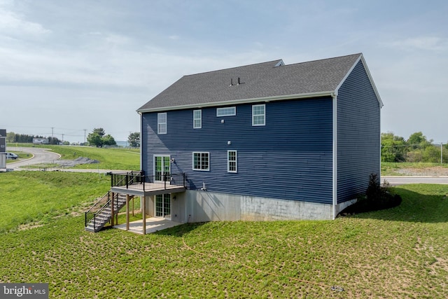 502 Winding Way Asbury Ii Model, Unit Asbury Ii Model, Wrightsville, PA 17368 - rear view of property with stairway, a wooden deck, a yard, a patio area, and roof with shingles