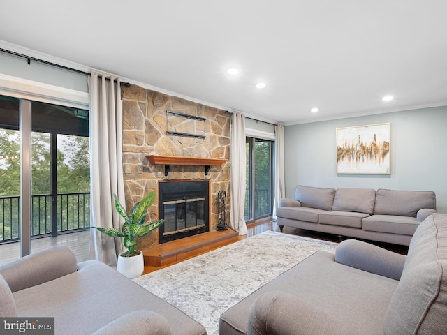living area featuring ornamental molding, recessed lighting, and a stone fireplace