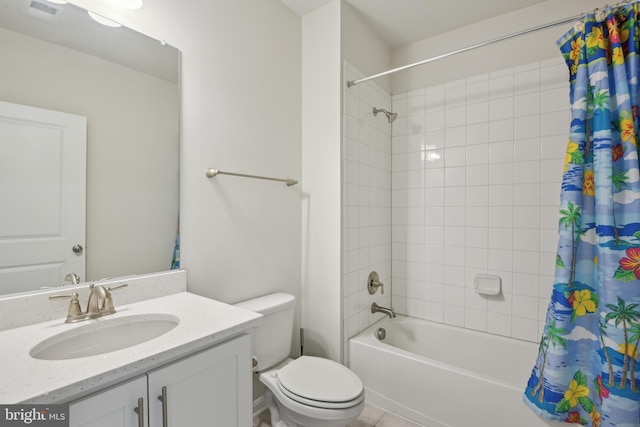 full bathroom featuring shower / bath combination with curtain, toilet, visible vents, and vanity