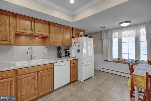 kitchen with a sink, baseboard heating, white appliances, light countertops, and ornamental molding