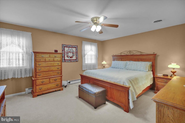 bedroom featuring light colored carpet, visible vents, a ceiling fan, baseboard heating, and baseboards