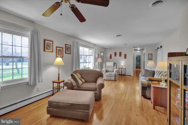 living area featuring a ceiling fan, a baseboard radiator, a baseboard heating unit, visible vents, and light wood-style floors