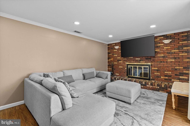 48 Creighton Cir, Old Bridge, NJ 08857 - living room with recessed lighting, ornamental molding, wood finished floors, a fireplace, and baseboards